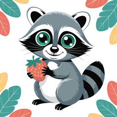 Cute cartoon raccoon vector illustration, adorable animal with leaf for kids, forest, and nature art

