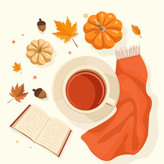 Cozy autumn vector illustration with tea cup, pumpkin, open book, fall leaves, acorn, and scarf. Flat seasonal top view design for blog, social media, poster, or fall lifestyle concept