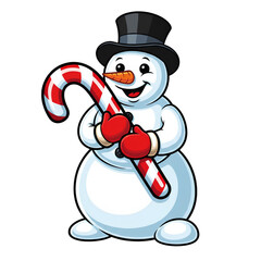 Cute Snowman Holding Christmas Candy Cane Holiday Greeting Design Isolated Transparent PNG Image  