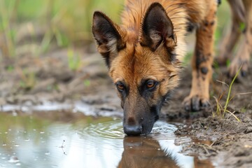 A close-up of a brown dog with large ears drinking from a puddle, surrounded by greenery. The scene conveys a sense of curiosity and playfulness.