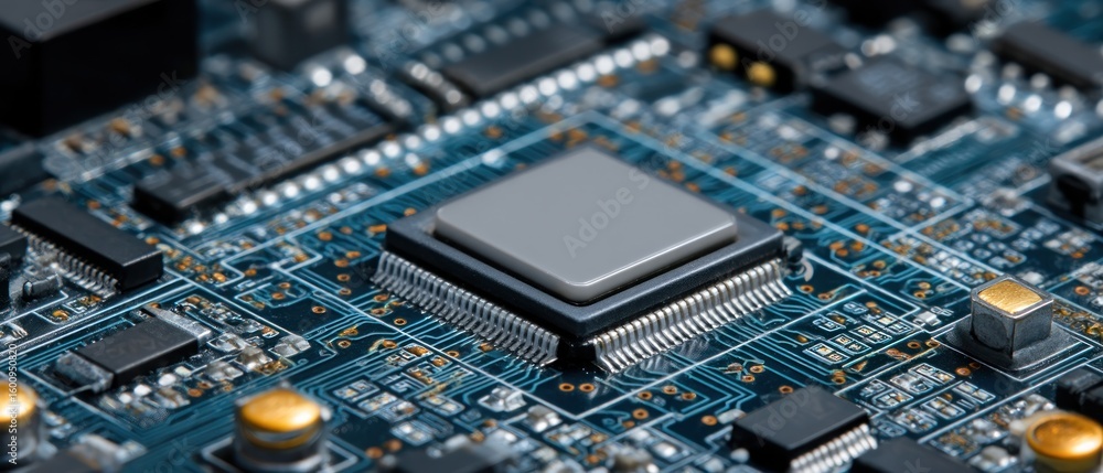 Poster close-up of a microchip on a circuit board
