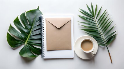Flatlay Mockup: White Notebook, Beige Envelope, Coffee Cup, Tropical Leaf
