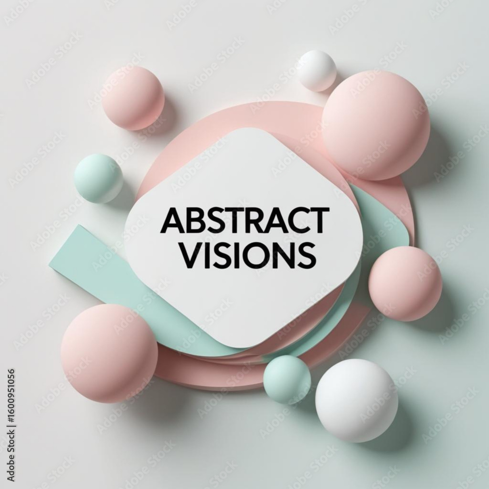 Poster geometric composition with spheres and rounded shapes in pastel colors creating soft three dimension