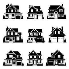 Fototapeta premium Set of Diverse Residential House Silhouettes, Black Vector Icons of Various Home Styles, Collection of Real Estate Building Graphics.