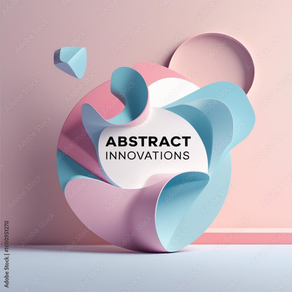 Aufkleber Pastel shaded abstract sculpture with circular element and floating cube in studio setting is displayed