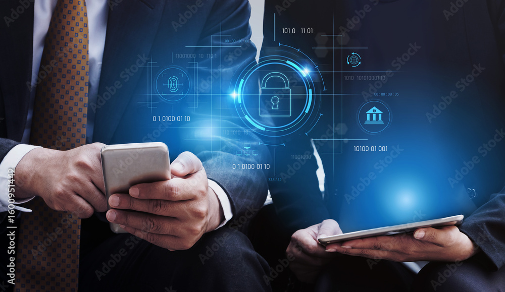 Poster cybersecurity system interface with biometric lock and data protection. cybersecurity protects acces