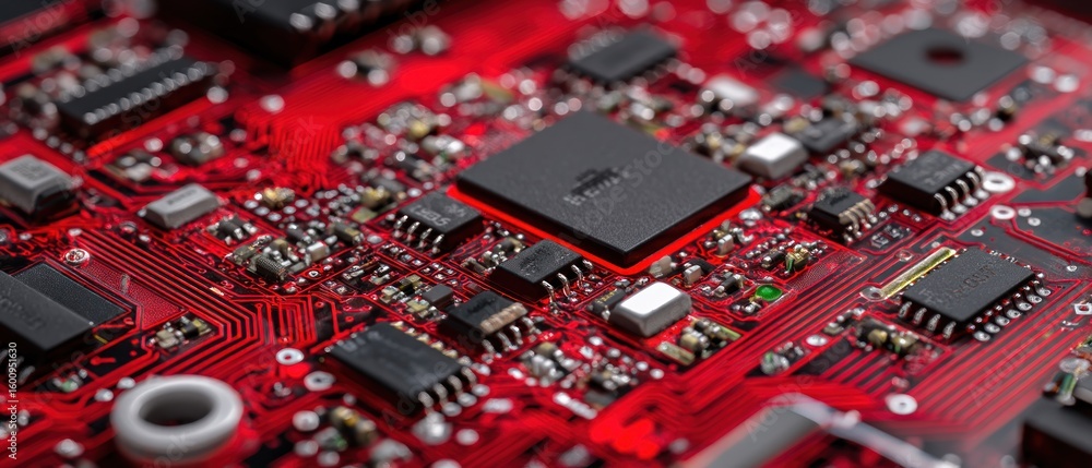 Poster close-up of a red circuit board with integrated components