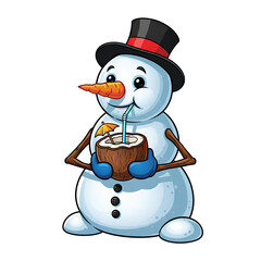Cute Snowman Holding Coconut Drink Christmas Holiday Design Isolated Transparent PNG Image  
