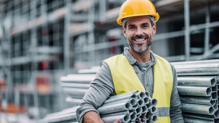 smiling man worker in high-visibility vest and hard hat carrying metal pipes at construction site.