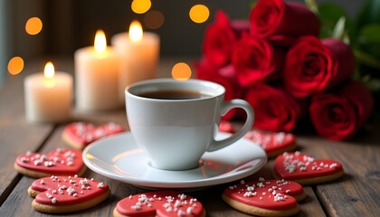 Fototapeta premium A cozy Valentine's Day setting with coffee, roses, and heart-shaped treats.