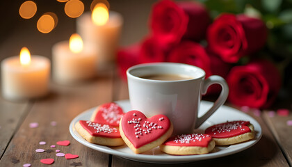 A cozy, romantic Valentine's Day scene with coffee, cookies, and roses.