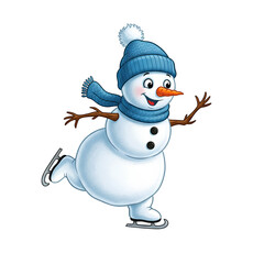 Cute Snowman Ice Skating Wearing Blue Hat Scarf Christmas Design Isolated Transparent PNG Image  