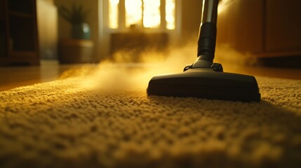 Close-up of vacuum head removing dust from rug,