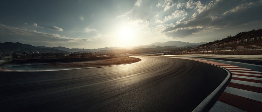 Sunset Race Track: Asphalt Curve, Mountain Background