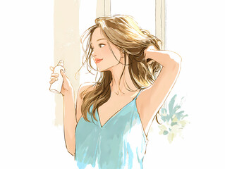 Fresh morning beauty routine, AI generated illustration of a woman using hair mist