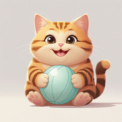 red British kitten playing with a blue ball lying on a white background