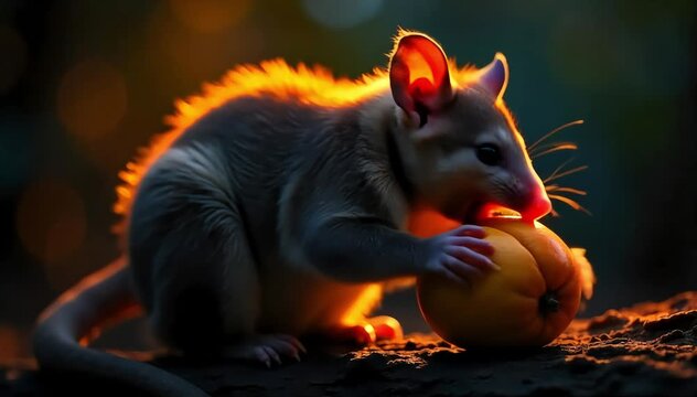 Brushtail possum eating fruit in the moonlight