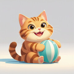 red British kitten playing with a blue ball lying on a white background