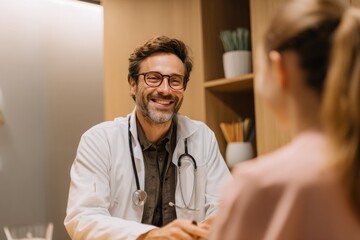 Doctor engages in a friendly discussion with patient in a soothing clinic environment, promoting a sense of comfort and understanding in healthcare