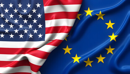 The flags of the usa and the european union are waving together, representing unity and cooperation.
