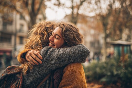 Two friends share a heartfelt embrace in a city park, filled with joy after meeting again. The scene captures the warmth and connection amidst a beautiful autumn backdrop