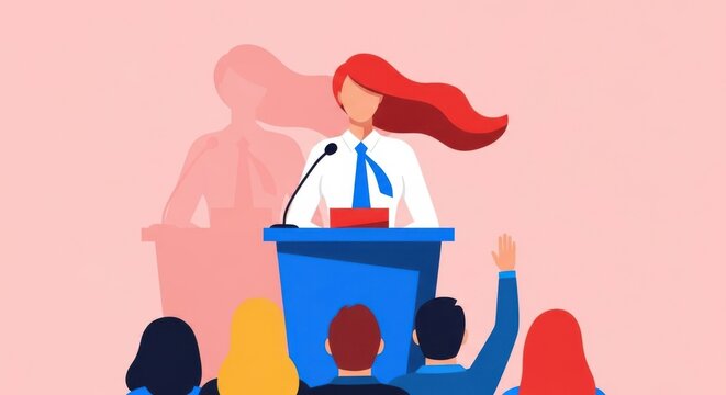 A confident woman with red hair speaks passionately from a podium to an attentive audience with one person raising their hand