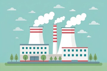 Illustration of industrial factory plant with smoke stack and power generation
