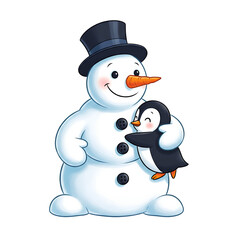 Cute Snowman with Happy Penguin Christmas Winter Holiday Art Isolated Transparent PNG Image  