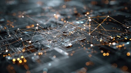 The image depicts an abstract digital circuit board with a network overlay, suggesting connectivity and technological innovation