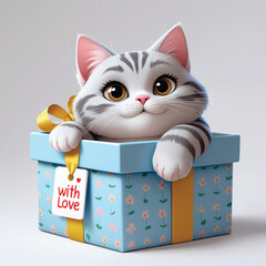 Funny kitten in golden gift box isolated on white