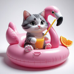 cat with flamingo balloon holding orange juice