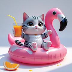 cat with flamingo balloon holding orange juice