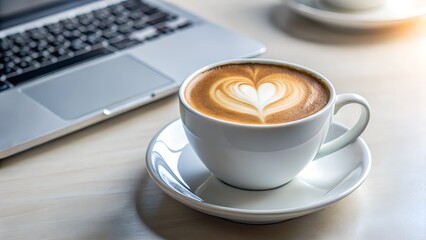 White Cup of Coffee with Heart Latte Art on Clean Workspace