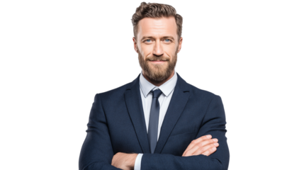 Smiling Businessman with Beard in Blue Suit Posing
