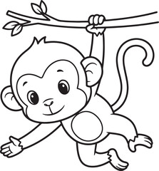 Fototapeta premium Cute cartoon monkey hanging from a branch, outlined in black and white.