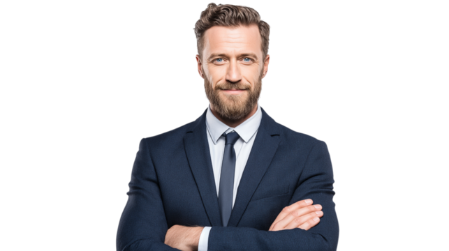 Smiling Businessman with Beard in Blue Suit Posing