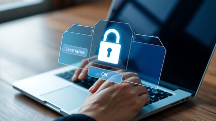 Person logging into secure digital system laptop keyboard