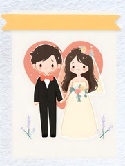 Cute Hand-Drawn Wedding Couple Illustration with Pastel Colors