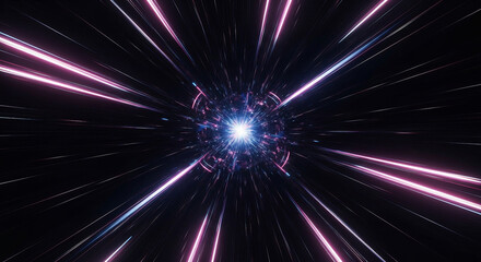 Traveling through a futuristic wormhole at the speed of light. An abstract sci-fi background with radiating neon lines and a cosmic singularity.