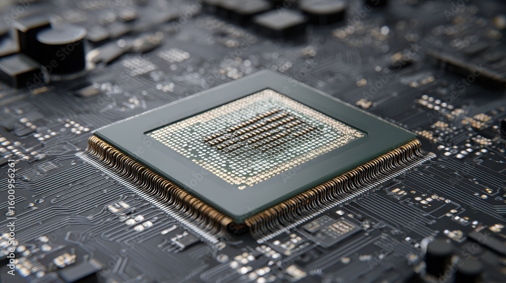 Poster close-up of a cpu with microcircuits in the background.