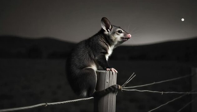 Brushtail possum roaring softly in the night