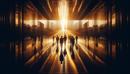 Businesspeople walking towards bright light in modern building