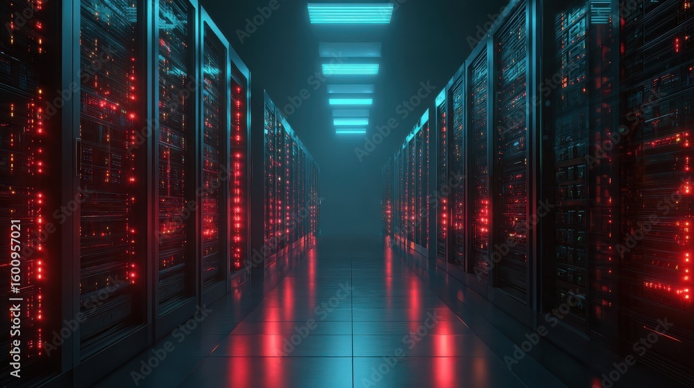 Poster server rack with blinking red lights in a dark data center. futuristic blue lighting illuminates row