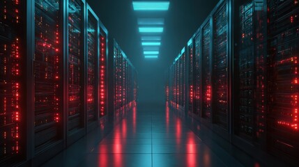 Server rack with blinking red lights in a dark data center. Futuristic blue lighting illuminates rows of computer hardware. Focus on technology, cybersecurity, and system vulnerability.