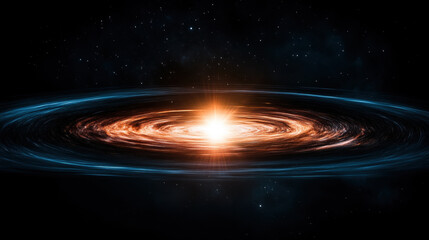 Glowing galaxy with radiant core surrounded by swirling nebulae and cosmic dust, set against star filled deep space background, evokes sense of wonder and infinity