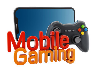Smartphone, controller and mobile gaming text on transparent background 3D illustration