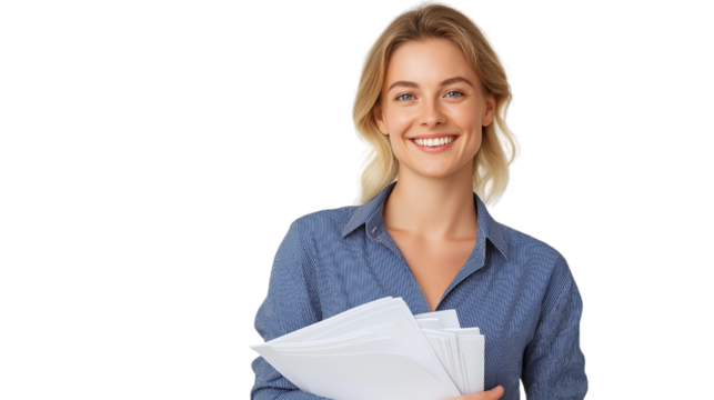 Smiling Professional Holding Papers in an Office Setting
