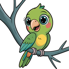 Cute cartoon parrot vector illustration, colorful bird mascot on branch for kids, nature, and decor art