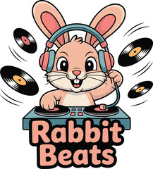 Pink rabbit D J with headphones playing records music