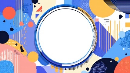 Abstract background design. Round frame with copy space on background with abstract geometric shapes pattern in Memphis style. Banner, poster template vector illustration, no logos, no brands